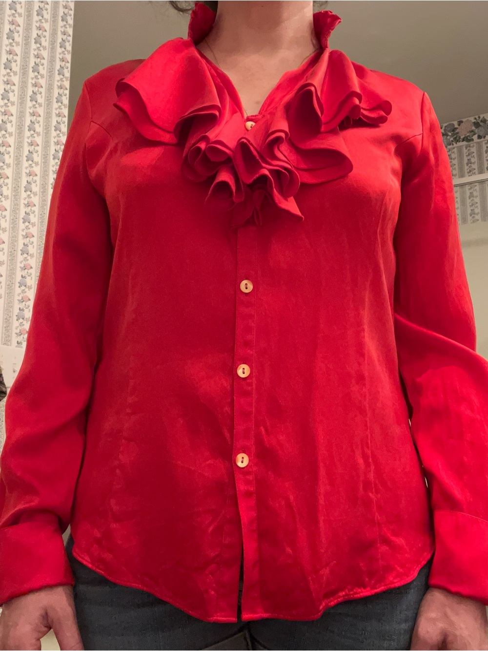 Lafayette 148 Silk Red Ruffle-Front Button Down Blouse